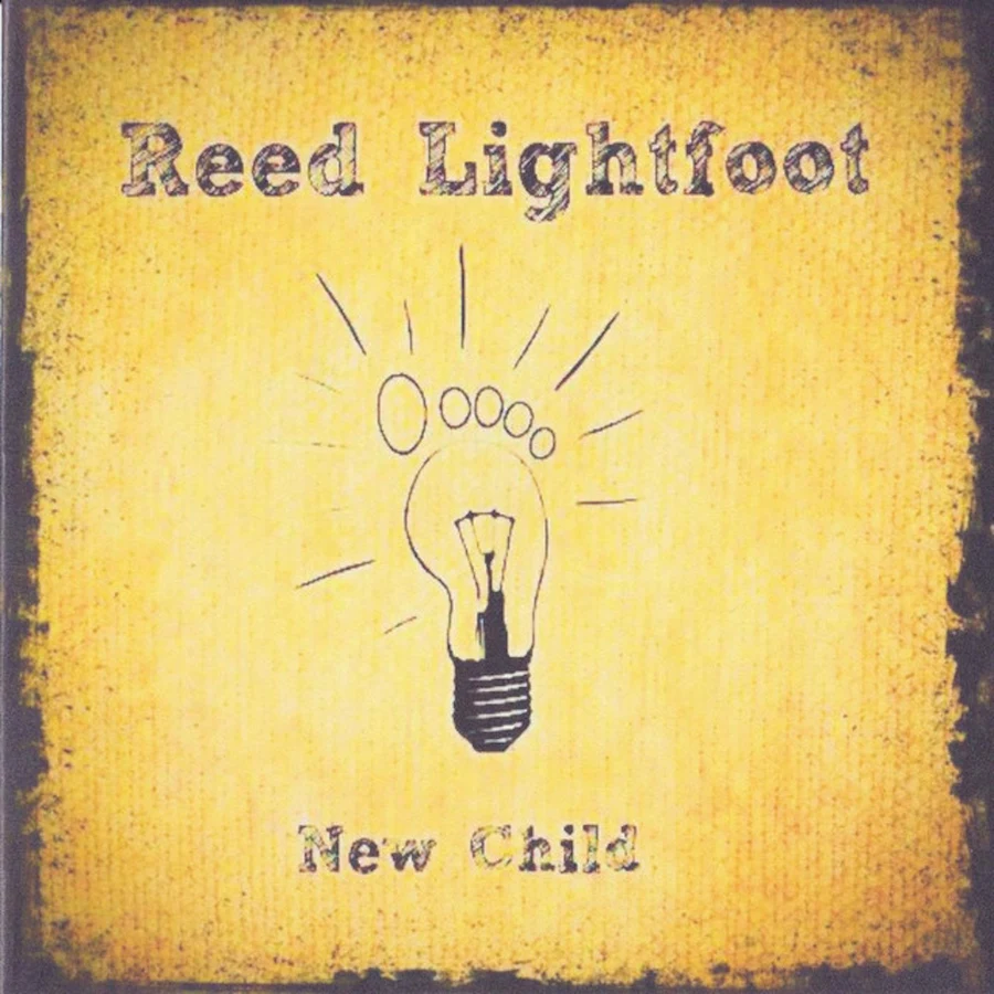 Cover art for New Child by Reed Lightfoot: a hand-drawn glowing light bulb on a weathered yellow field.