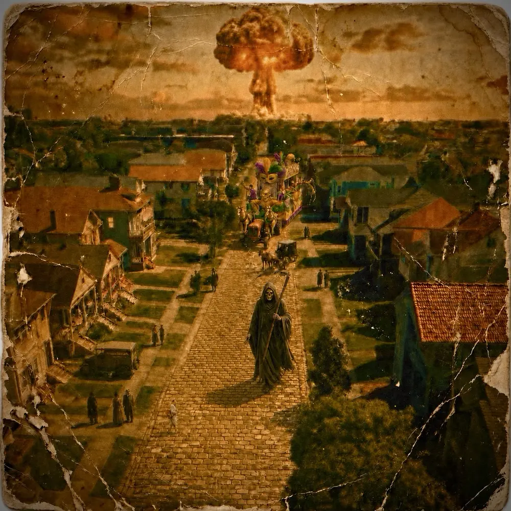 Cover art for Marengo by Reed Lightfoot: a weathered sepia painting of a New Orleans street, a hooded figure with a scythe walking the brick road toward the viewer, a Mardi Gras float behind, and a mushroom cloud rising on the horizon.