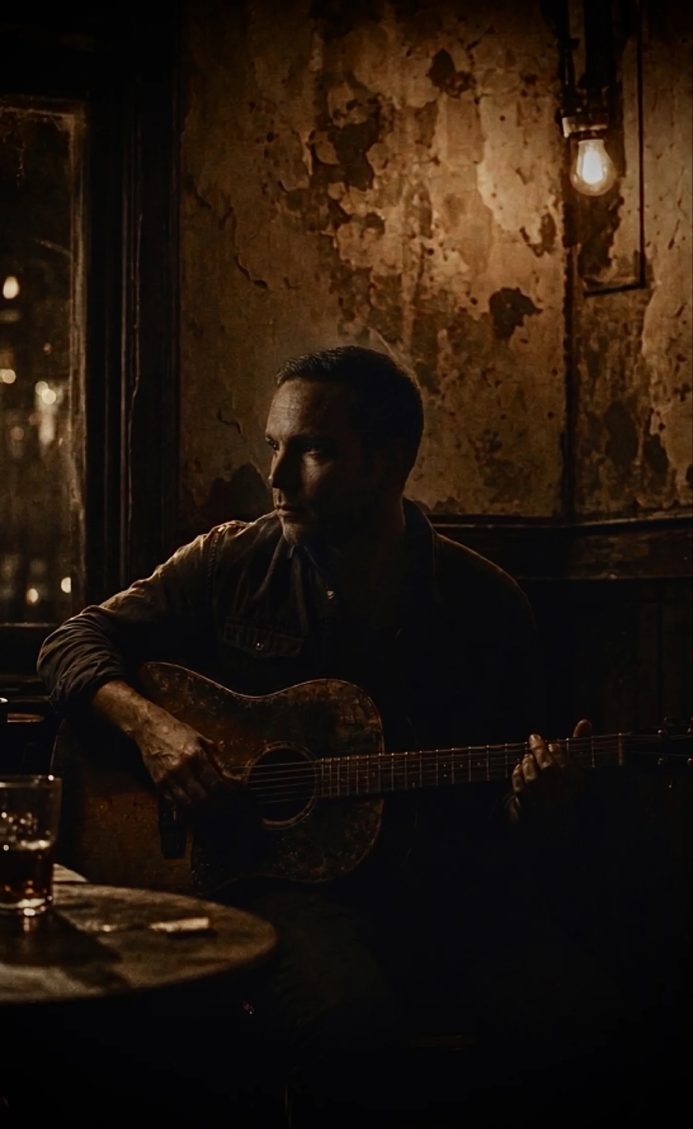 Reed Lightfoot seated with an acoustic guitar in a dim barroom, lit by a single bare bulb.
